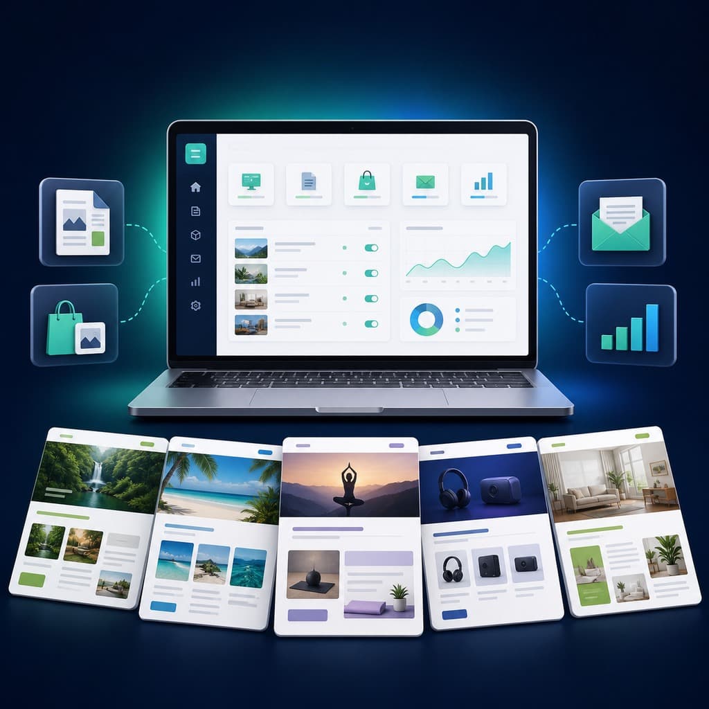 Illustration of the Automated Income Sites dashboard and several niche website layouts